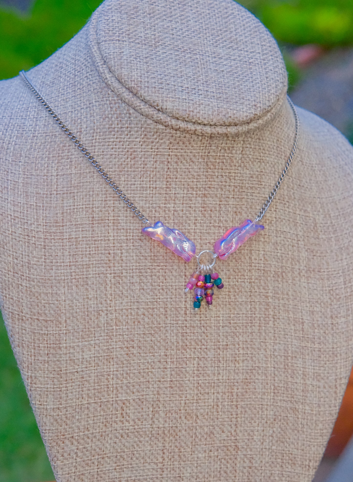 Meadow Hare Beaded Necklace (Pink Bunny, Silver Tone)