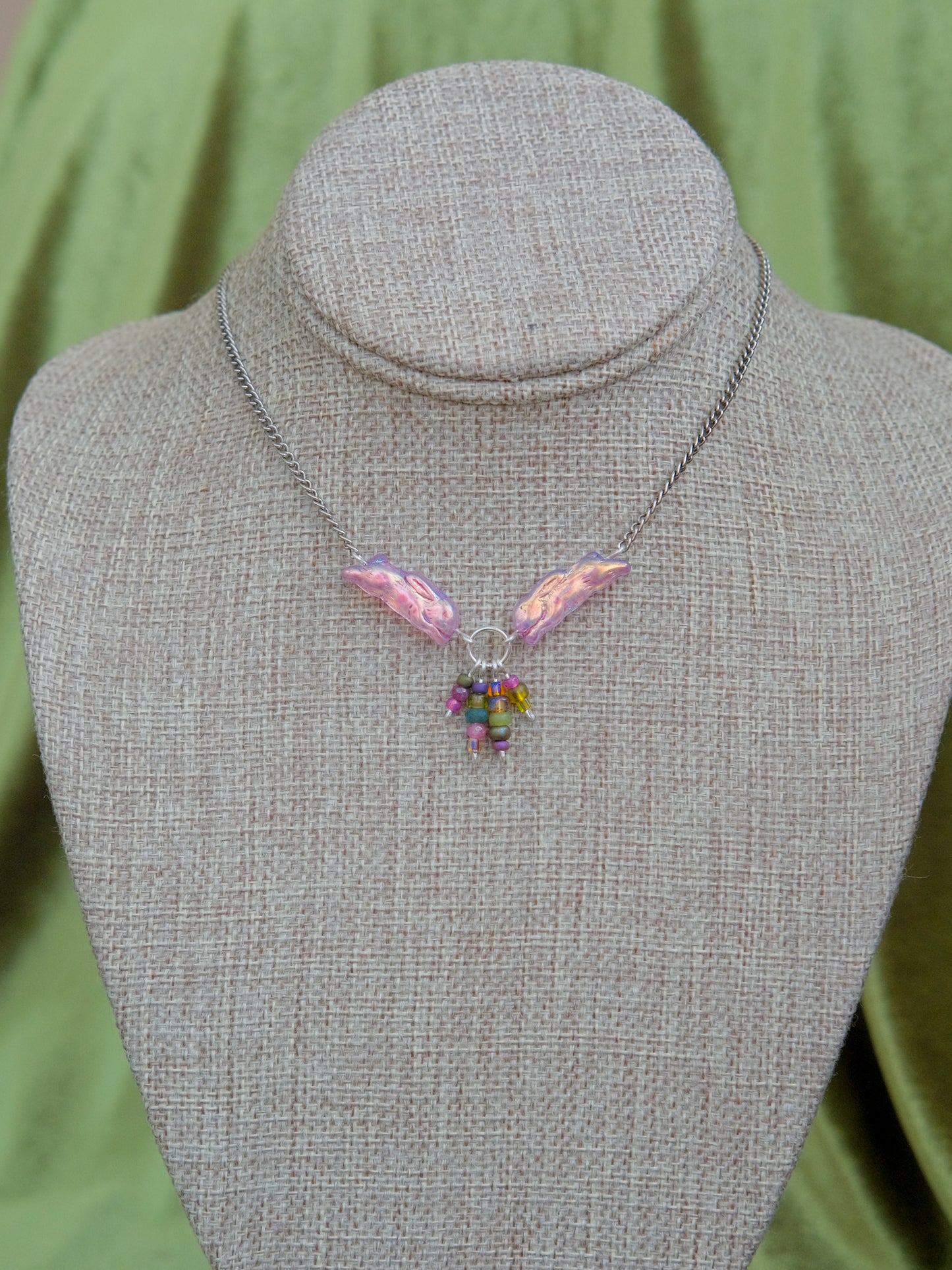 Meadow Hare Beaded Necklace (Pink Bunny/Silver)