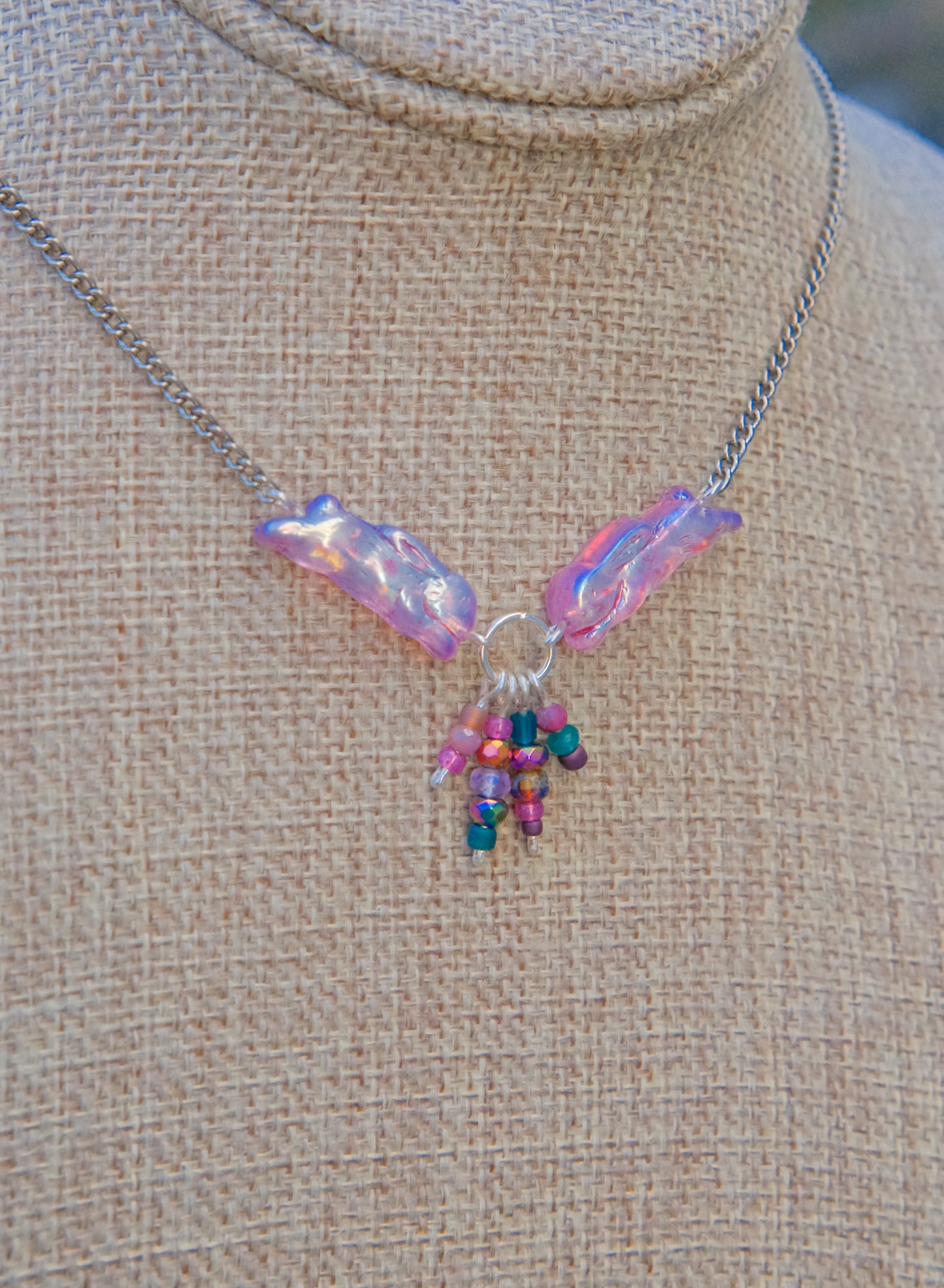 Meadow Hare Beaded Necklace (Pink Bunny, Silver Tone)