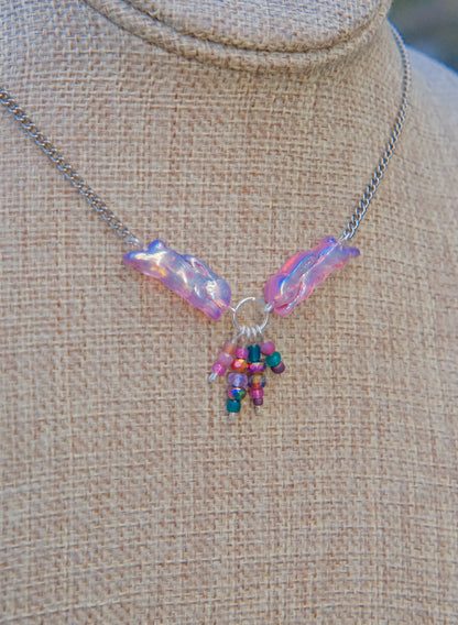 Meadow Hare Beaded Necklace (Pink Bunny, Silver Tone)