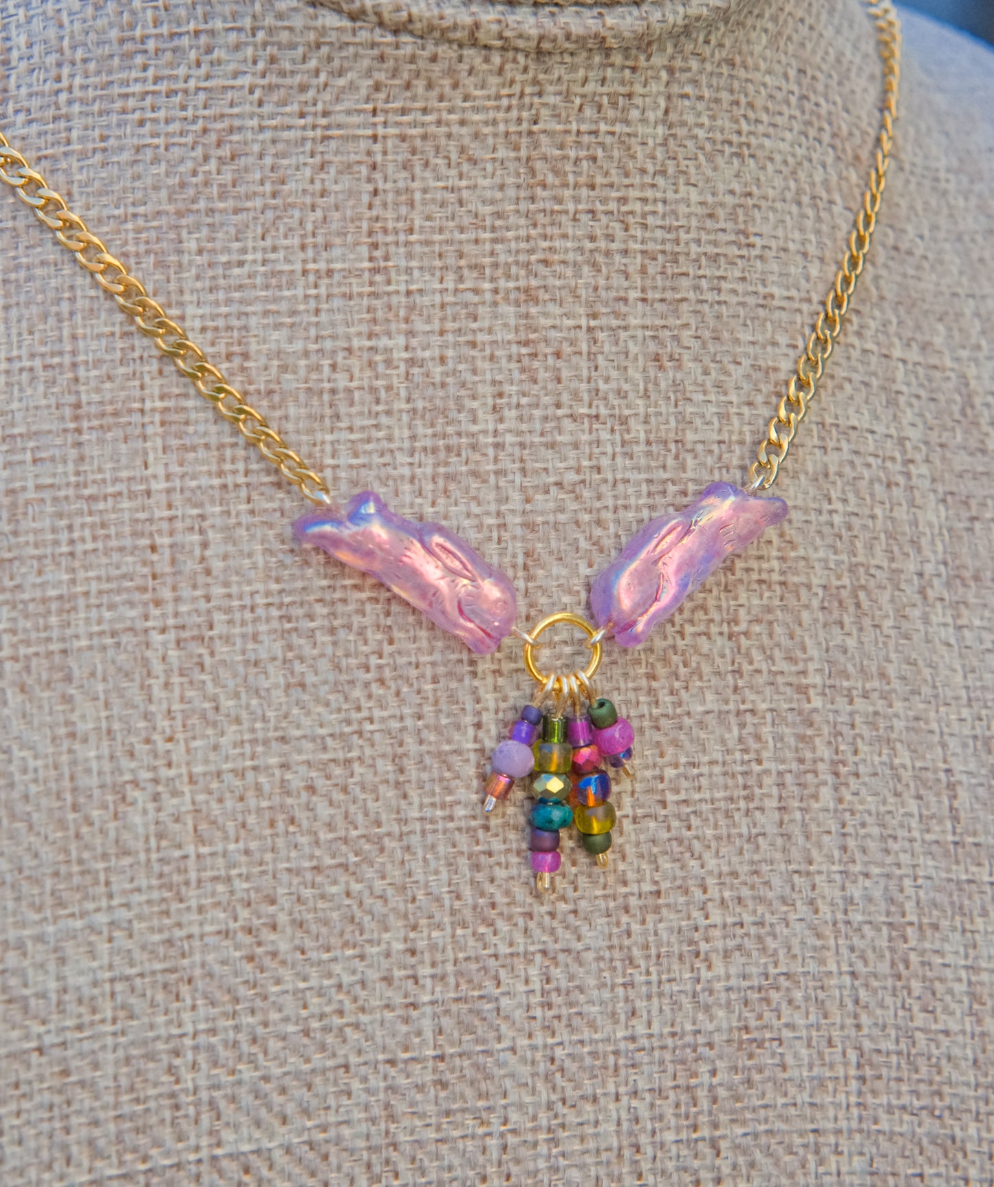 Meadow Hare Beaded Necklace (Pink Bunny, Gold Tone 1)