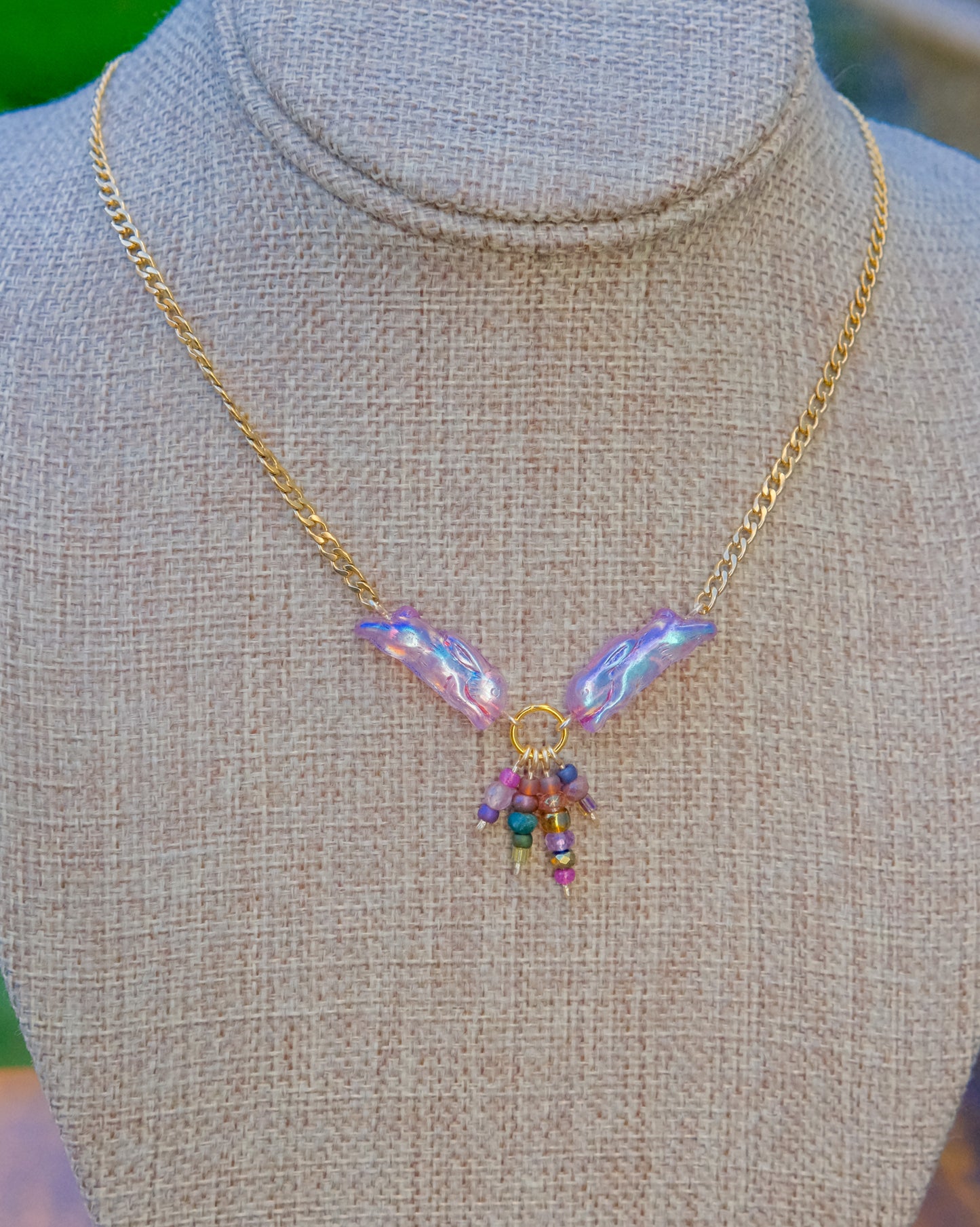 Meadow Hare Beaded Necklace (Pink Bunny, Gold Tone 2)