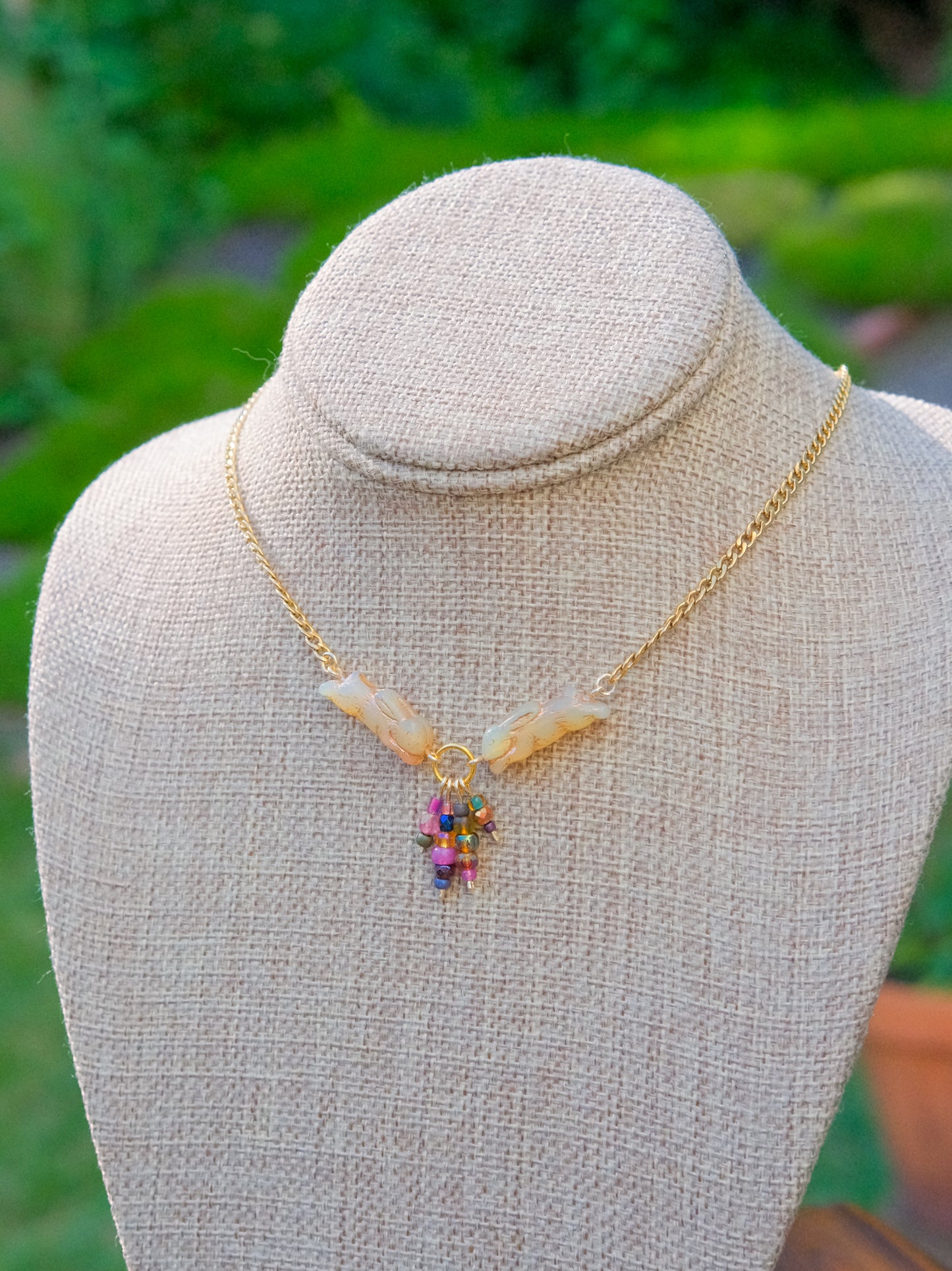 Meadow Hare Beaded Necklace (Beige Bunny, Gold Tone 1)