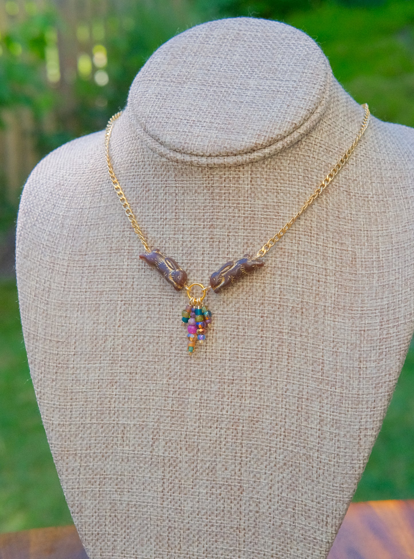 Meadow Hare Beaded Necklace (Black Bunny; Gold Tone 1)
