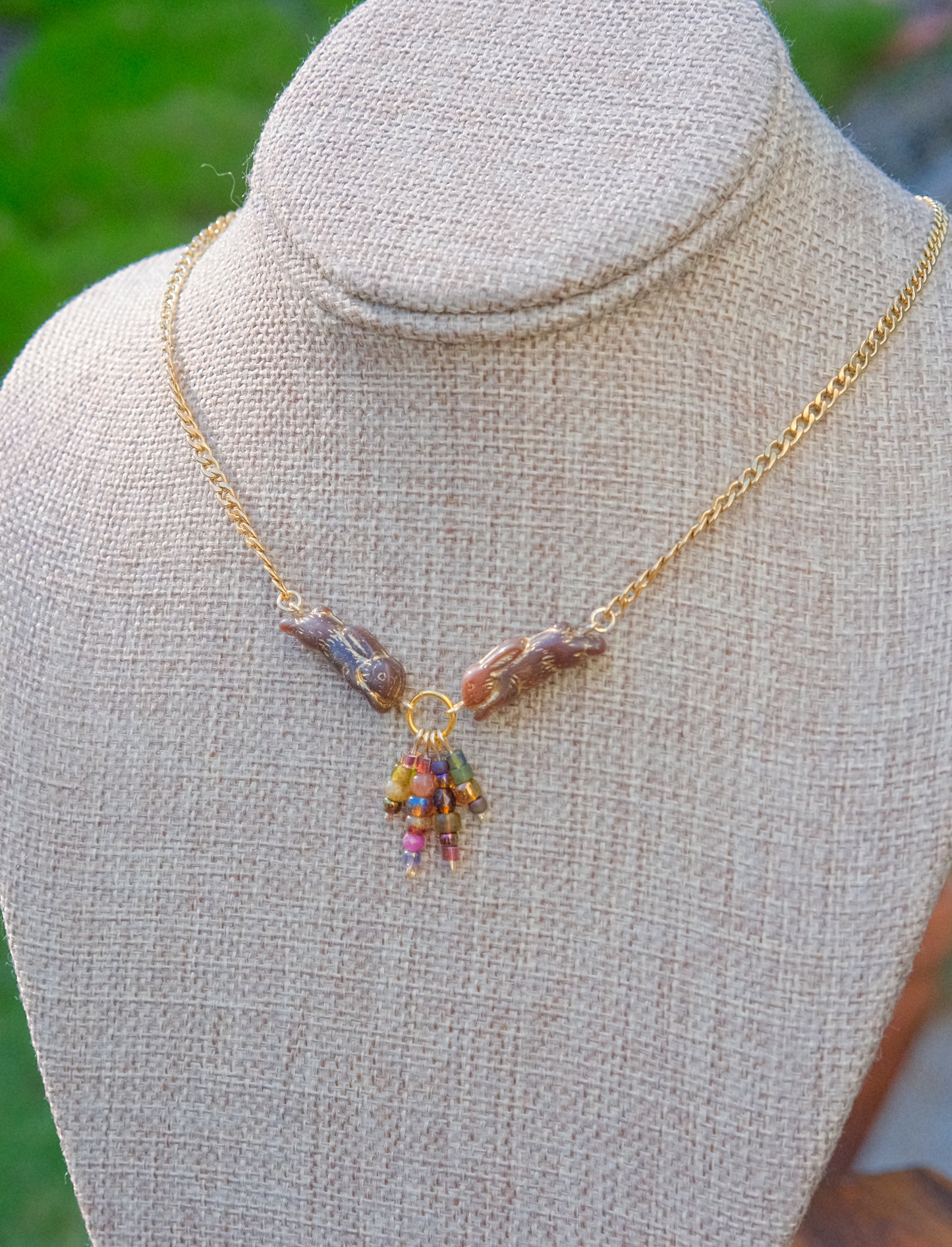 Meadow Hare Beaded Necklace (Black Bunny, Gold Tone 2)