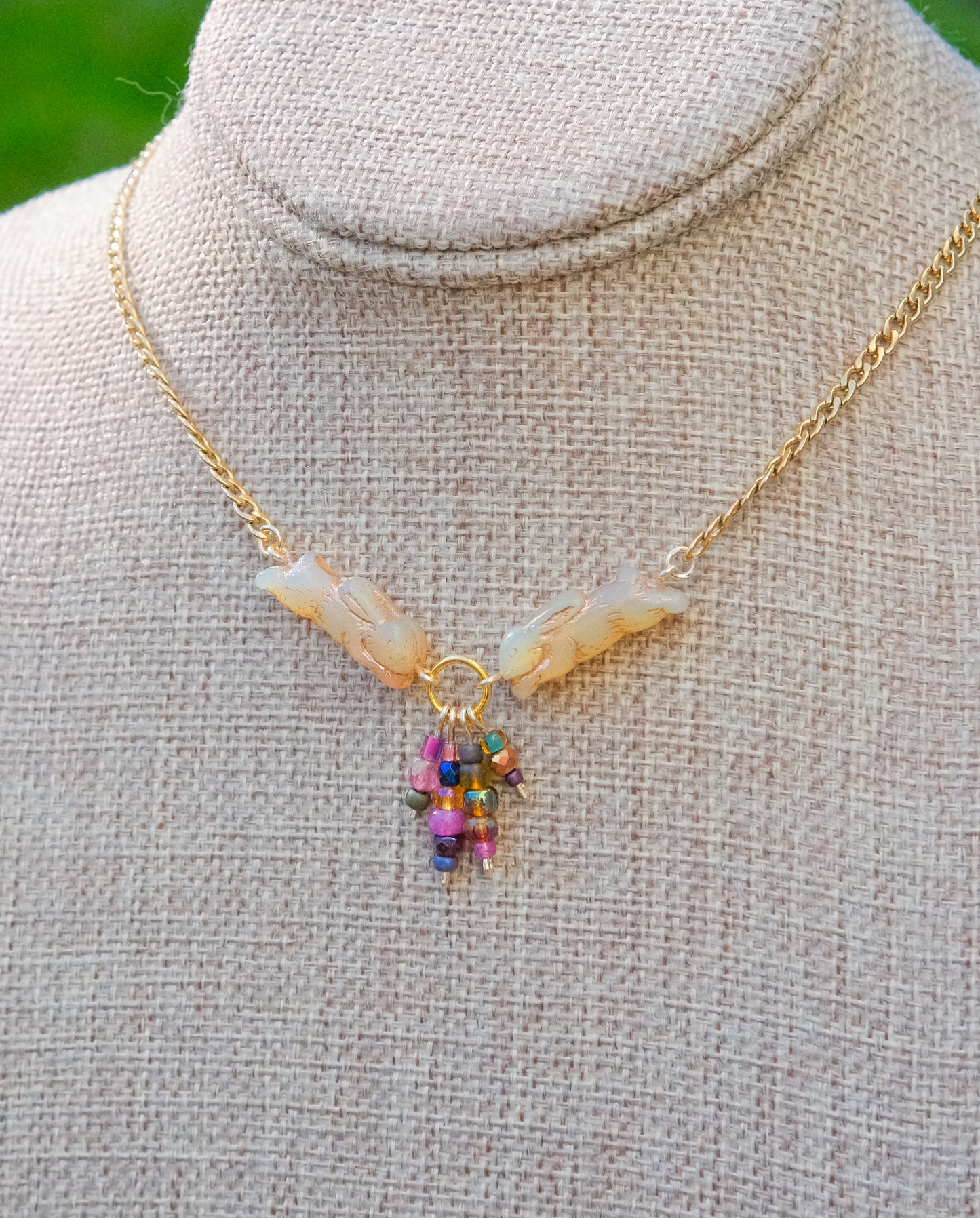 Meadow Hare Beaded Necklace (Beige Bunny, Gold Tone 1)