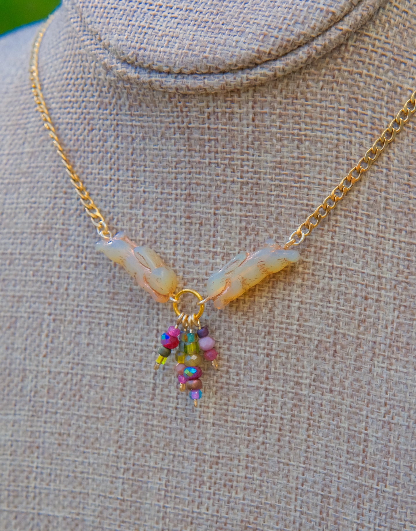 Meadow Hare Beaded Necklace (Beige Bunny, Gold Tone 2)