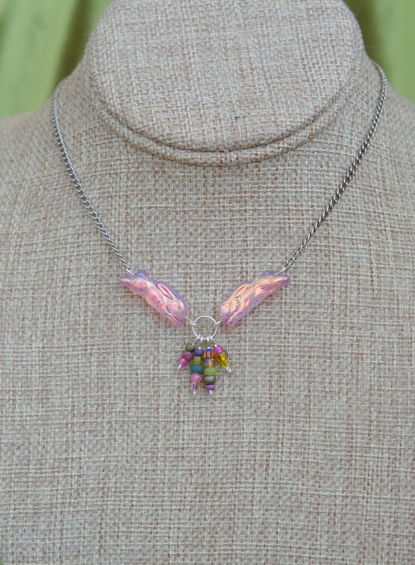 Meadow Hare Beaded Necklace (Pink Bunny/Silver)
