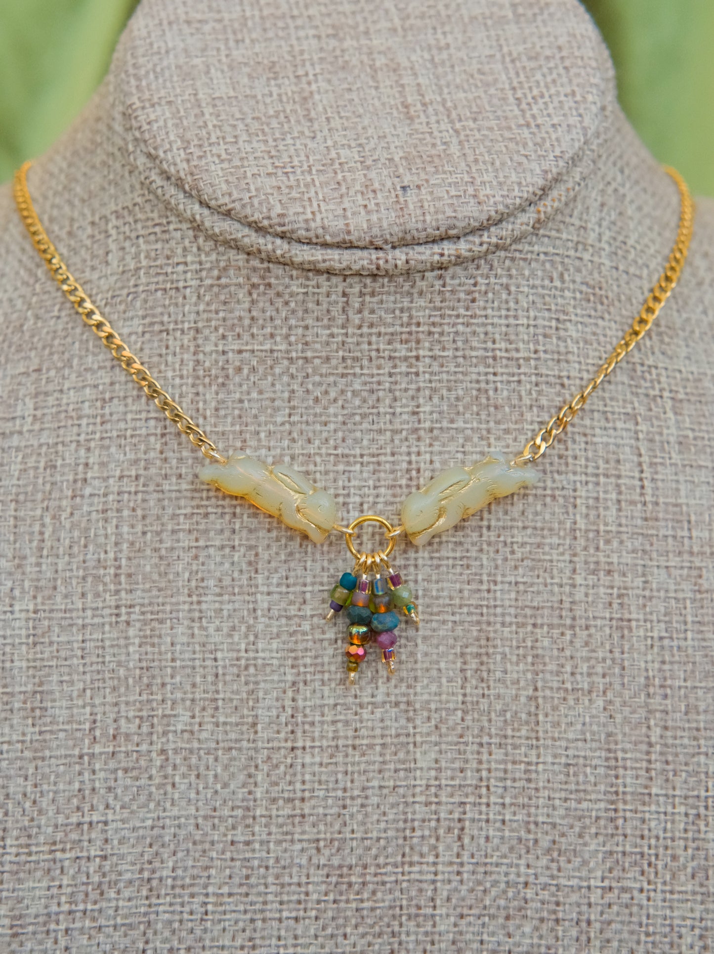 Meadow Hare Beaded Necklace (Cream Bunny/Gold)